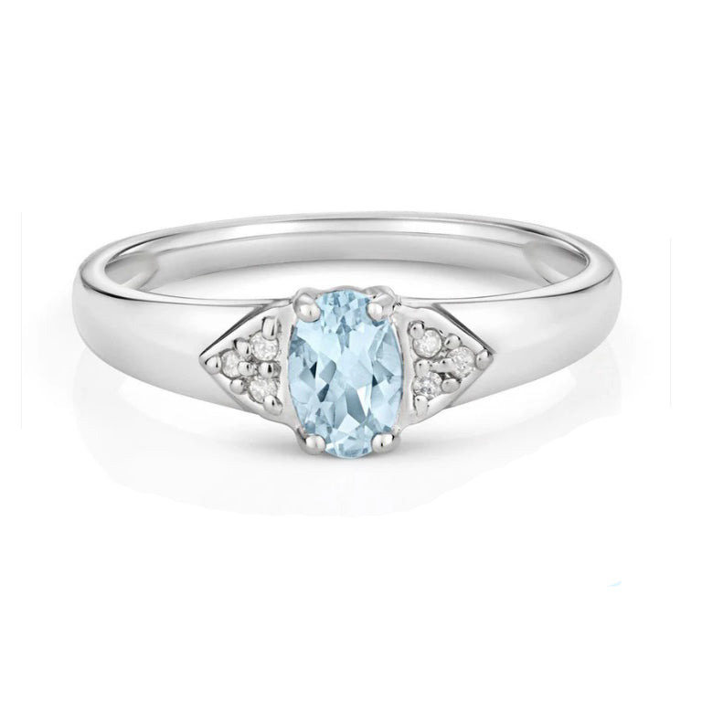 Aquamarine and Diamond Ring 9ct White Gold Oval Solitaire Real Stones Size J - Q