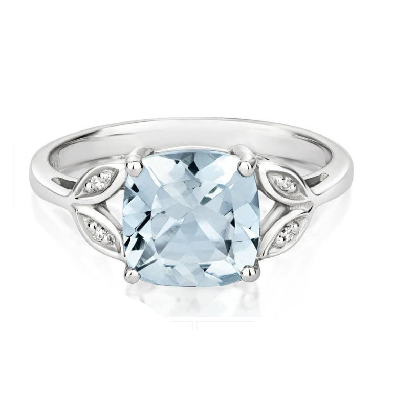 Real Aquamarine and Diamond Ring Solid White Gold Cushion Gem Size JKLMNOPQ