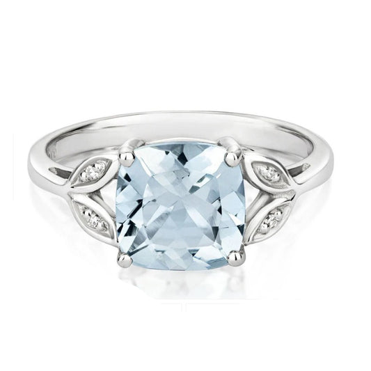 Real Aquamarine and Diamond Ring Solid White Gold Cushion Gem Size JKLMNOPQ