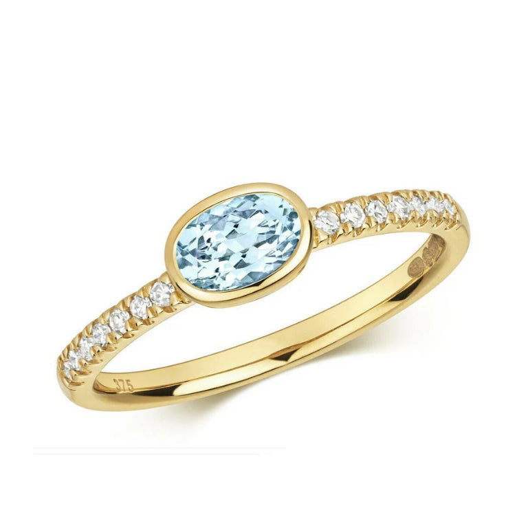 Real Aquamarine and Diamond Ring Solid Yellow Gold Oval Solitaire Size J - Q