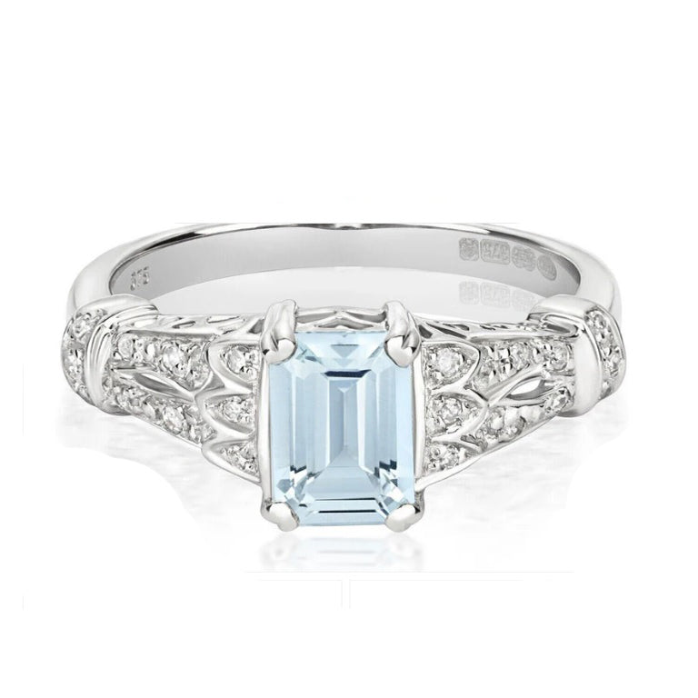 Real Aquamarine and Diamond Ring Solid White Gold Solitaire Size JKLMNOPQ