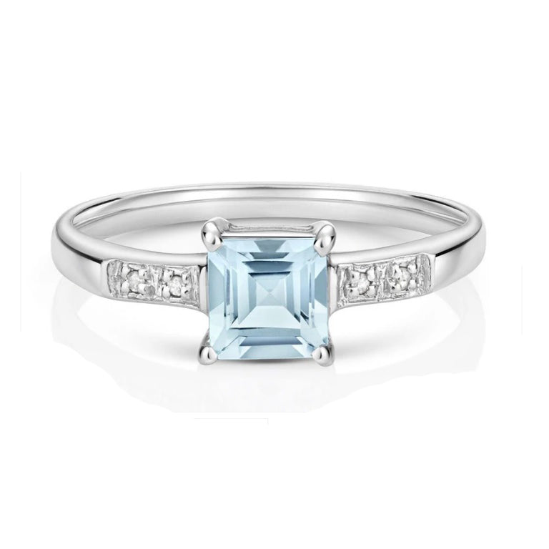 Aquamarine and Diamond Ring Solid 9ct White Gold Real Genuine Stones Size J - Q