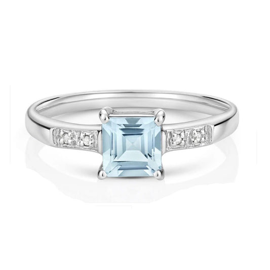 Aquamarine and Diamond Ring Solid 9ct White Gold Real Genuine Stones Size J - Q