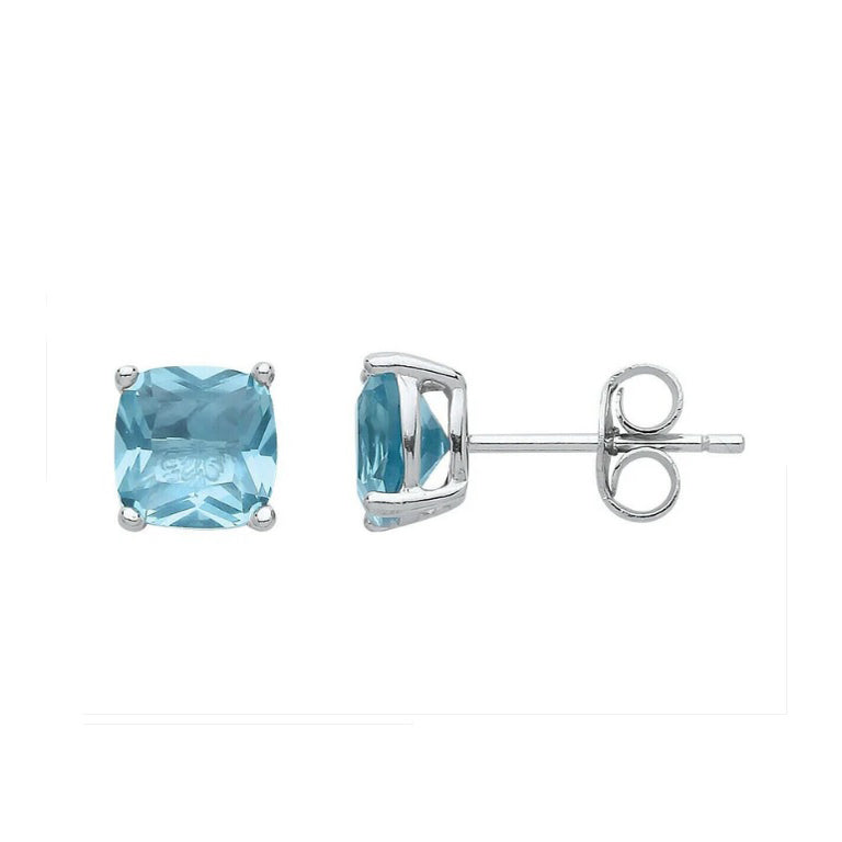 Aquamarine Cushion Stud Earrings Sterling Silver Rhodium Plated 925 Hallmark 6mm