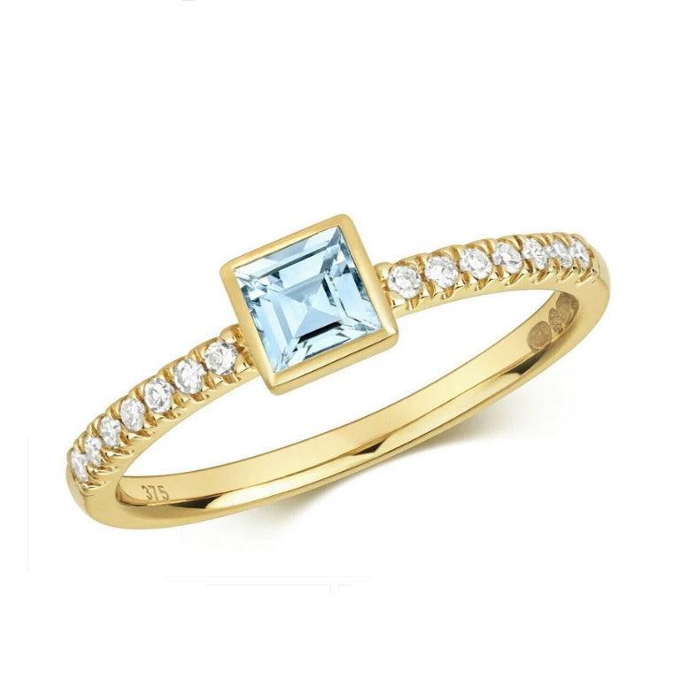Real Aquamarine and Diamond Ring Solid Yellow Gold Square Solitaire Size J - Q