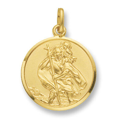 Gold St Christopher pendant round medallion with detailed relief of St Christopher carrying child