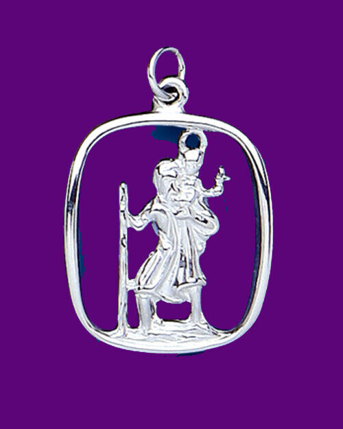 J R Jewellery polished sterling silver St Christopher pendant open frame showing saint carrying child