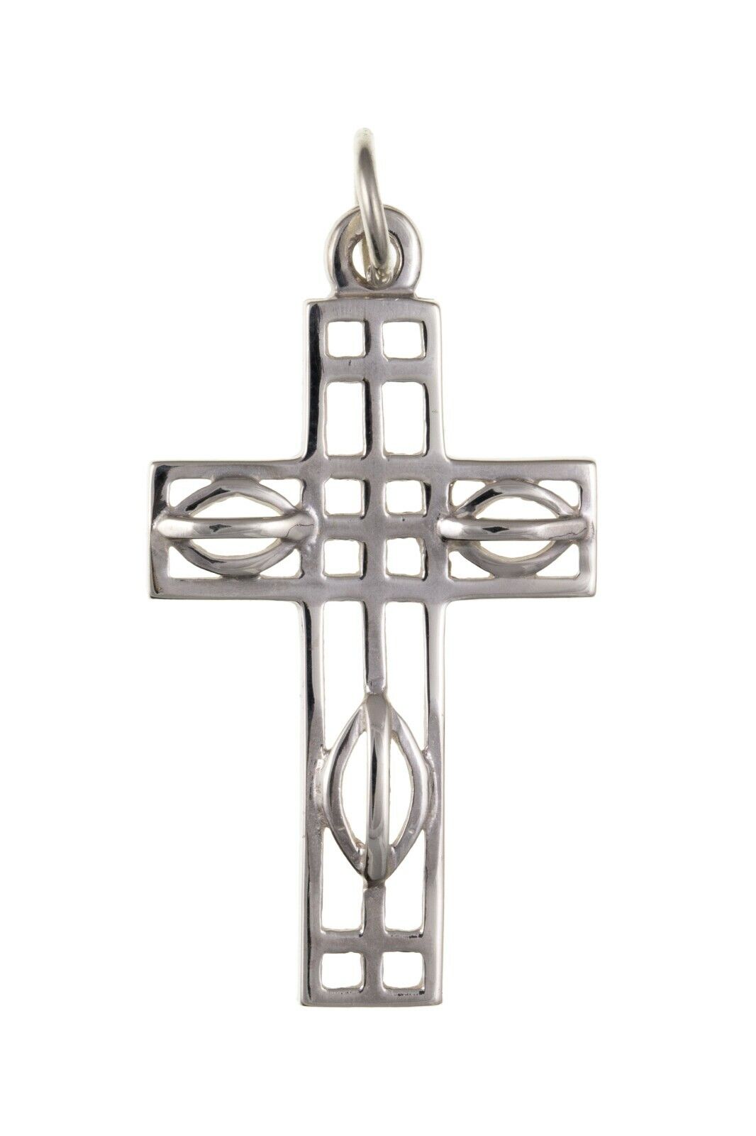 Sterling silver Mackintosh cross pendant by J R Jewellery openwork grid design with oval motifs