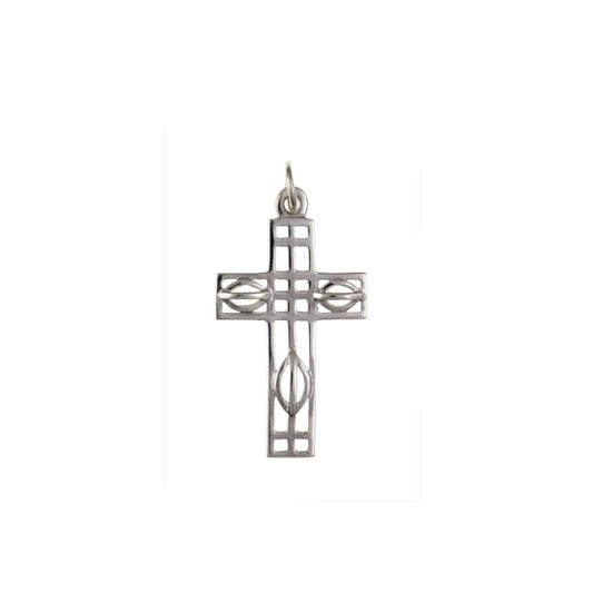 J R Jewellery Sterling silver Mackintosh cross pendant openwork geometric cross with oval motifs and bail