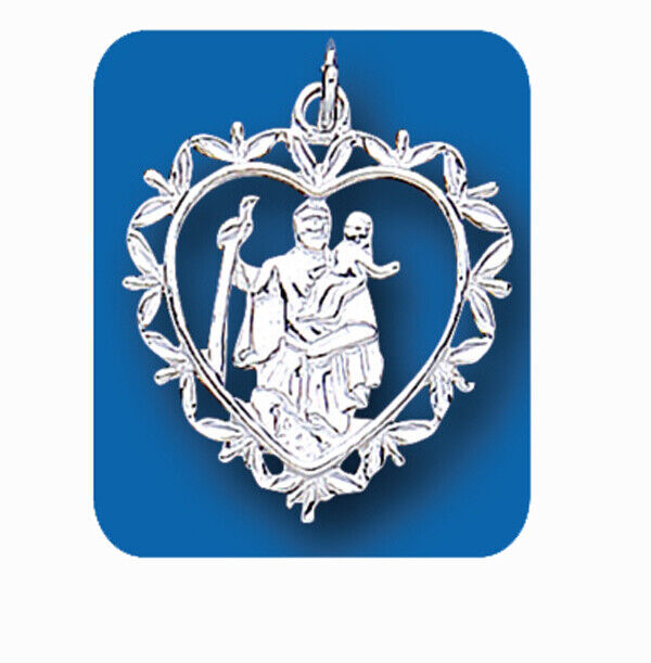 J R Jewellery sterling silver St Christopher pendant heart shaped ornate frame depicting St Christopher carrying child