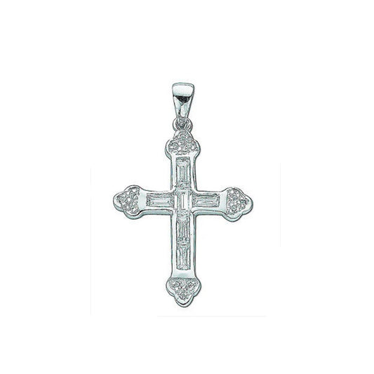 Sterling Silver Fancy Baguette Cut Cross Pendant 925 Hallmark 34 x 20mm