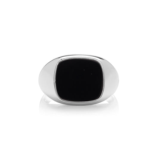 Sterling silver black onyx pinky ring with polished finish from J R Jewellery