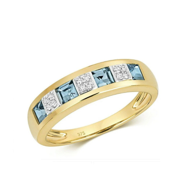 Real Blue Topaz and Diamond Eternity Ring Solid Yellow Gold Princess Cut Band