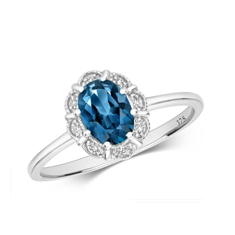 Real London Blue Topaz and Diamond Ring Solid White Gold Cluster Size J - Q
