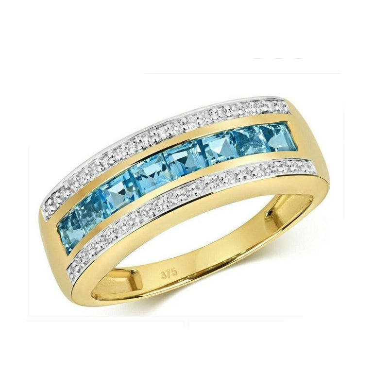 9ct Yellow Gold Blue Topaz and Diamond Eternity Band Ring 6mm Wide Anniversary