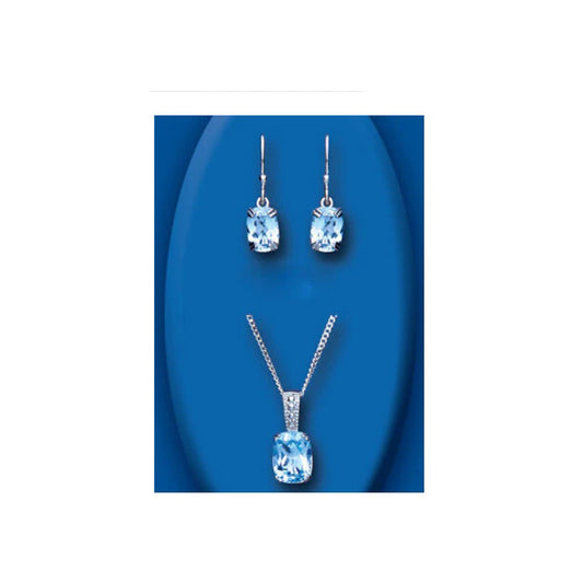Blue Topaz and Diamond Pendant and Earrings Set Solid Sterling Silver