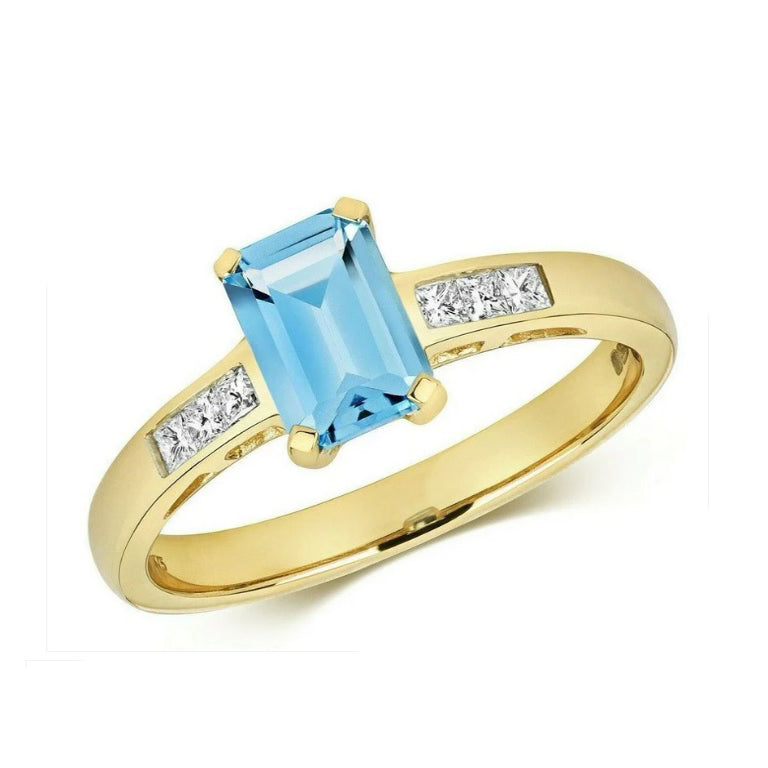 Real Swiss Blue Topaz and Diamond Ring 9ct Yellow Gold Emerald Cut Solitaire