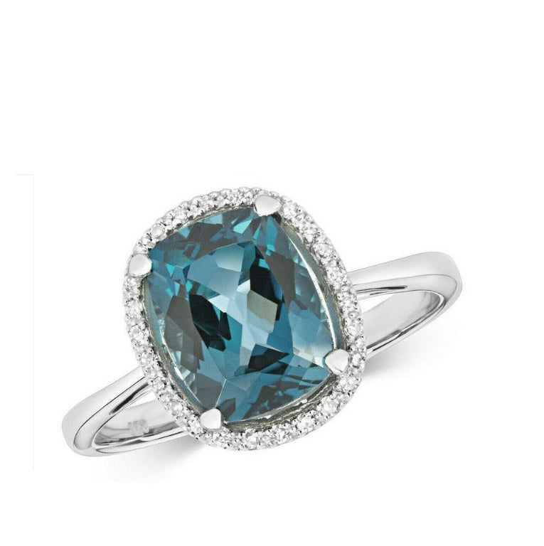 Real London Blue Topaz and Diamond Ring Solid White Gold Cushion Size JKLMNOPQ