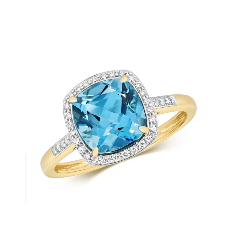 Real Blue Topaz and Diamond Ring Solid Yellow Gold 8mm Cushion Gem Size JKLMNOPQ