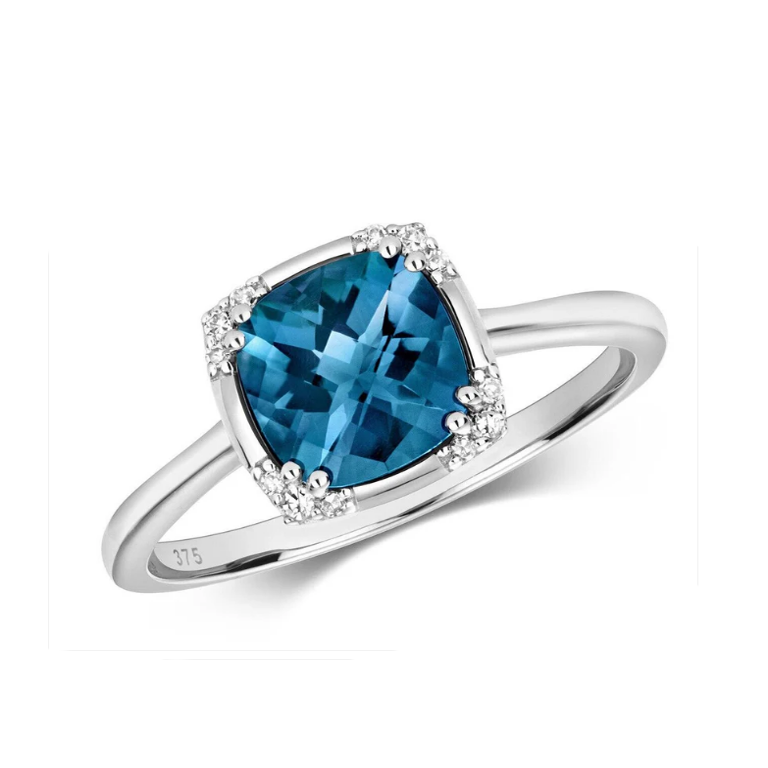 Real London Blue Topaz and Diamond Ring 7mm Cushion Solitaire Size J - Q