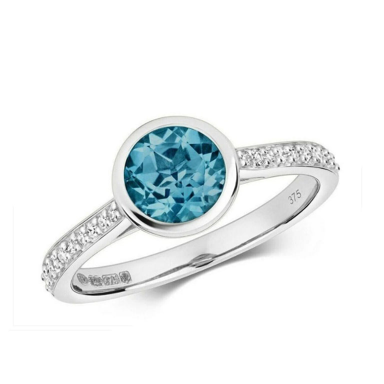 Real London Blue Topaz and Diamond Ring Solid White Gold Solitaire Size JKLMNOPQ