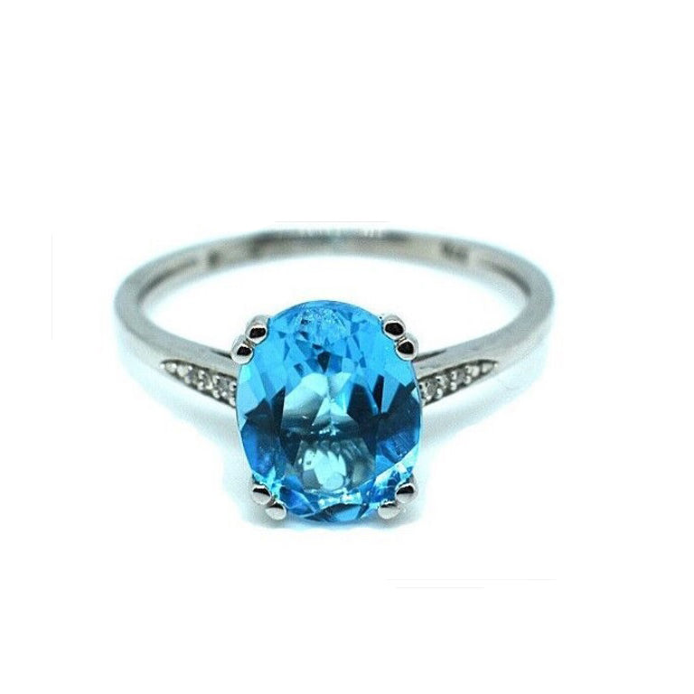 Blue Topaz and Diamond Solitaire Ring Solid White Gold Large Oval 10 x 8mm