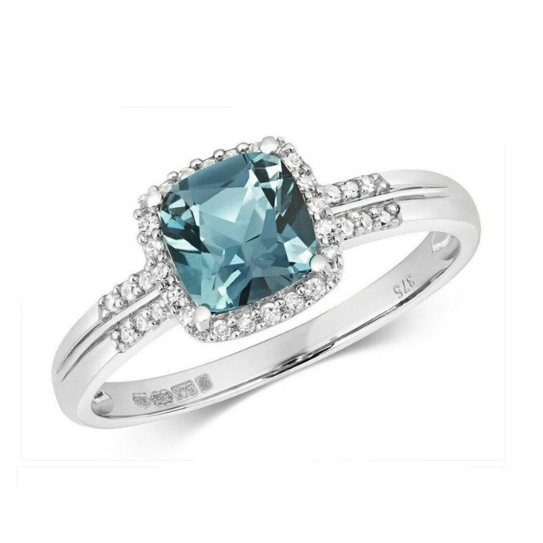 Real London Blue Topaz and Diamond Ring Solid White Gold Size J - Q