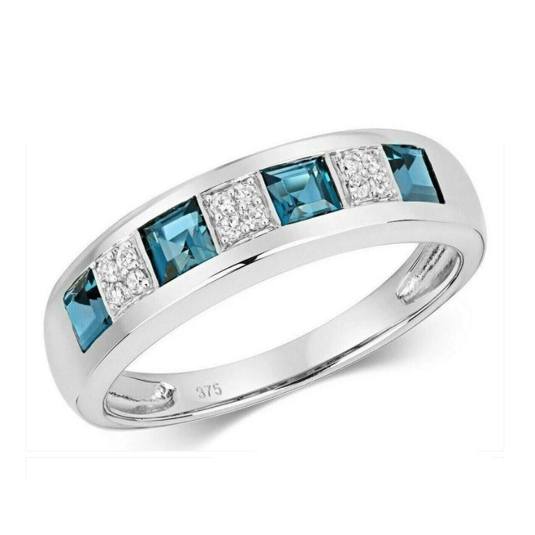 Real London Blue Topaz and Diamond Eternity Ring Solid White Gold Square Cut Gem