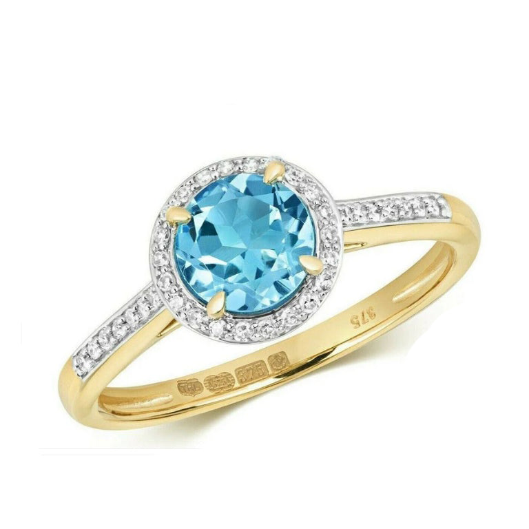 Real Swiss Blue Topaz and Diamond Ring Yellow Gold Engagement Size J - Q