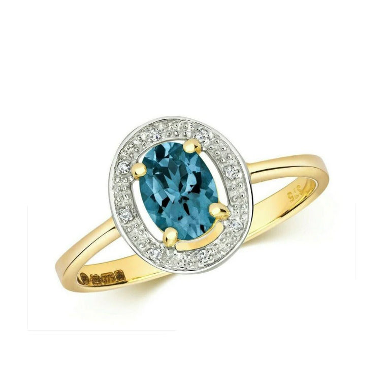Real London Blue Topaz and Diamond Ring Solid Yellow Gold Oval Halo Size J-Q
