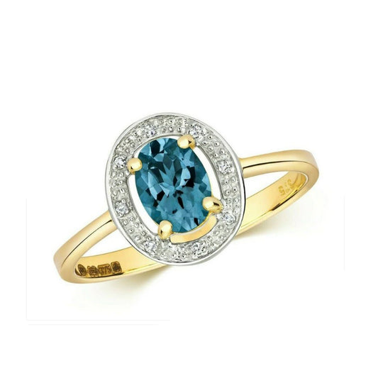 Real London Blue Topaz and Diamond Ring Solid Yellow Gold Oval Halo Size J-Q