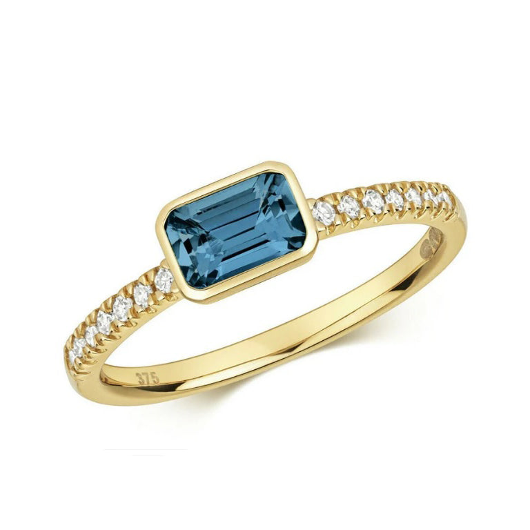 9ct Yellow Gold London Blue Topaz and Diamond Ring Emerald Cut Smooth Solitaire