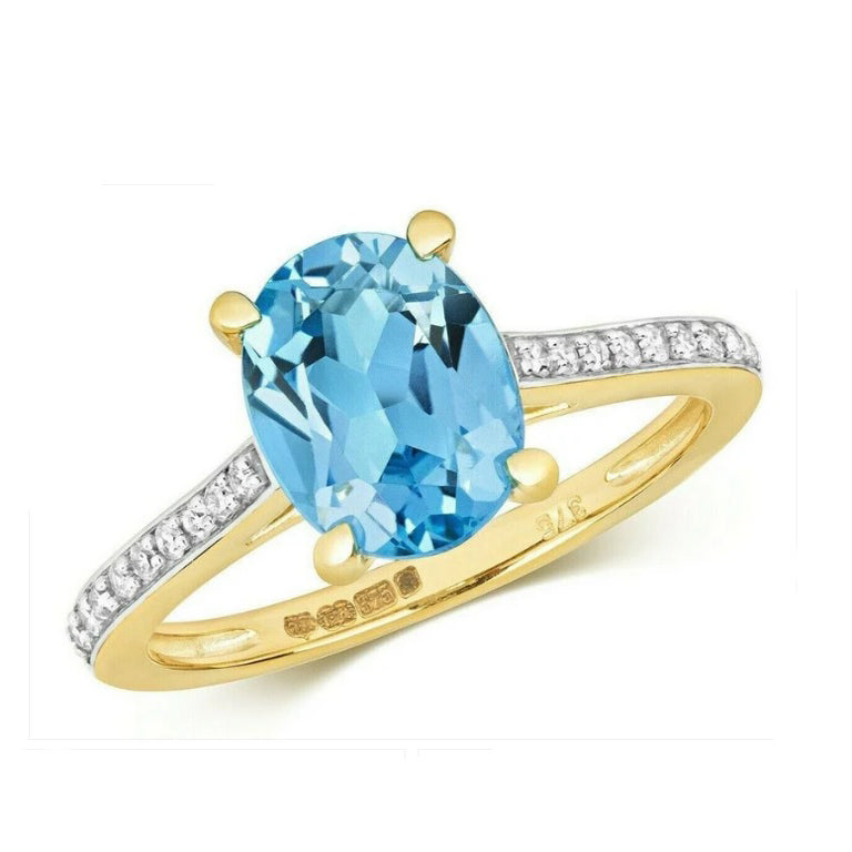 Real Blue Topaz and Diamond Ring Solid Yellow Gold Oval Size JKLMNOPQ