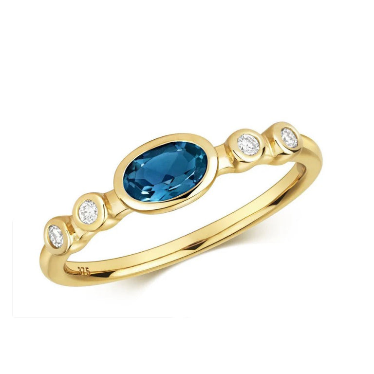 Real London Blue Topaz Solitaire and Diamond Ring Solid Yellow Gold Size J - Q