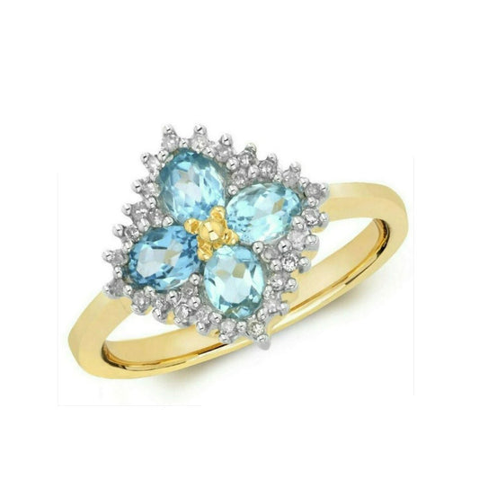 Real Blue Topaz and Diamond Ring Solid Yellow Gold Square Cluster Size JKLMNOPQ
