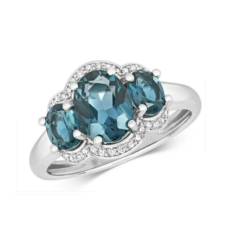 Real London Blue Topaz and Diamond Ring Solid White Gold Three Stone Size J - Q