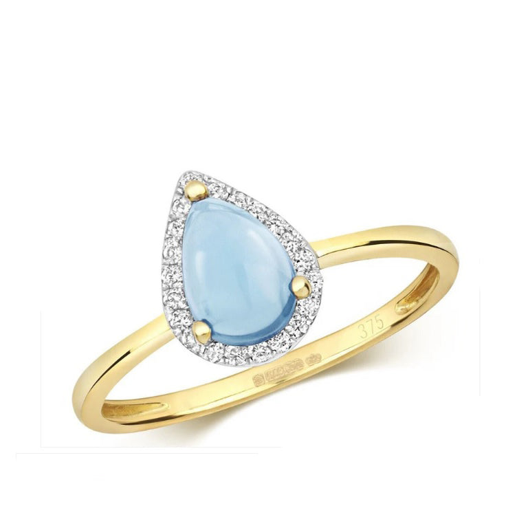Real Blue Topaz Cabochon and Diamond Ring Solid Yellow Gold Pear Stone Size J-Q