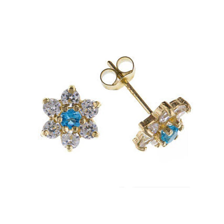 9ct Gold Blue Topaz Cluster Earrings Yellow Gold Stud November Birthstone