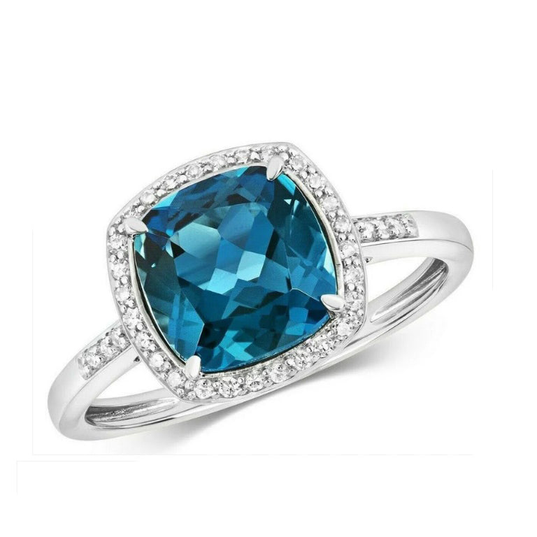 Real London Blue Topaz and Diamond Ring Solid White Gold 8mm Cushion Cluster