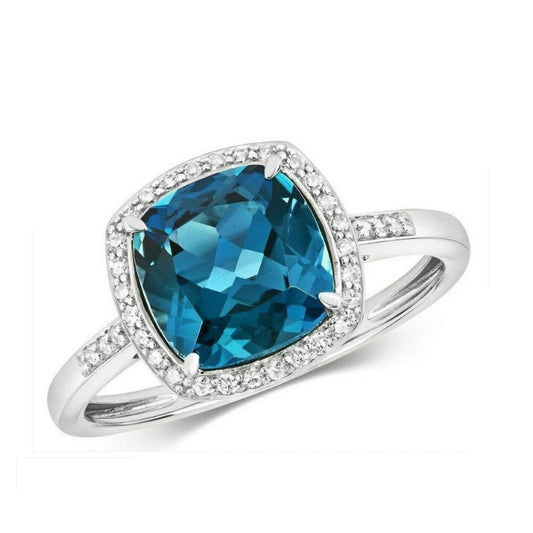 Real London Blue Topaz and Diamond Ring Solid White Gold 8mm Cushion Cluster