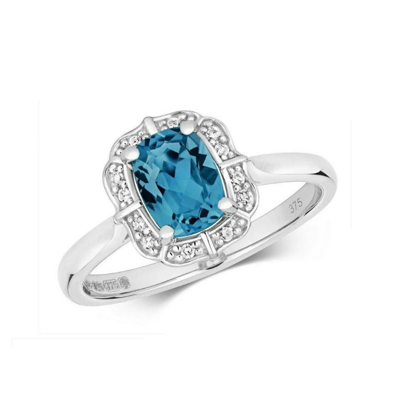 Real London Blue Topaz and Diamond Ring Solid White Gold Cushion Size JKLMNOPQ