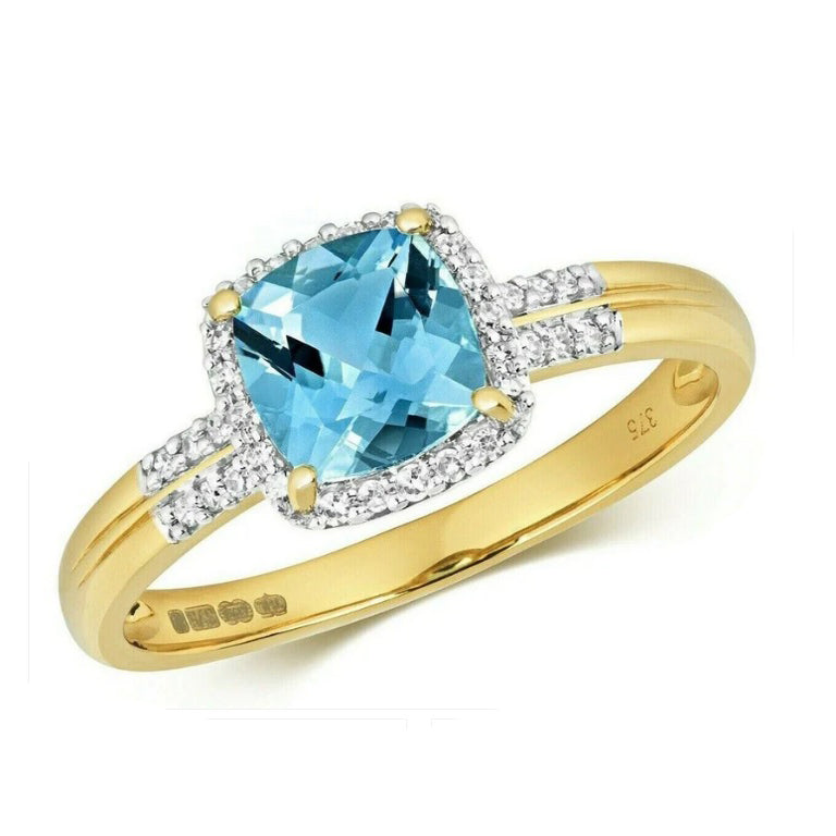 Real Swiss Blue Topaz and Diamond Ring Solid Yellow Gold Cushion Size J - Q