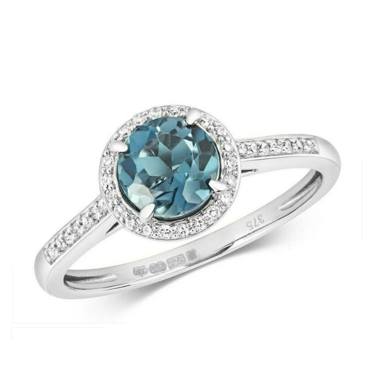 Real London Blue Topaz and Diamond Ring Solid White Gold Halo Cluster Size J-Q