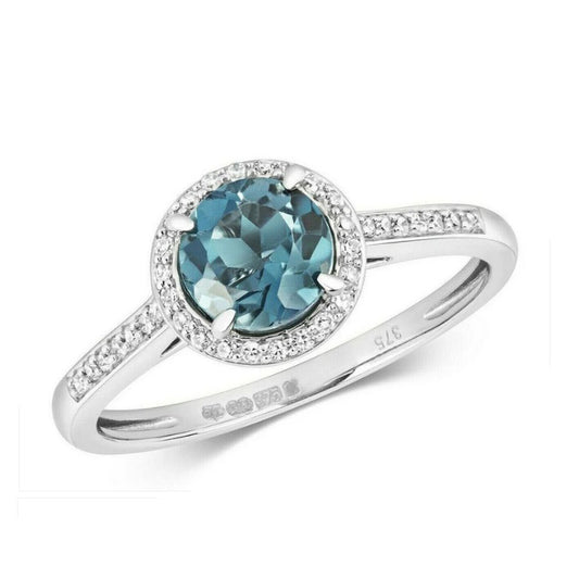Real London Blue Topaz and Diamond Ring Solid White Gold Halo Cluster Size J-Q
