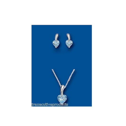 Blue Topaz Heart Pendant and Earrings Set Solid Silver