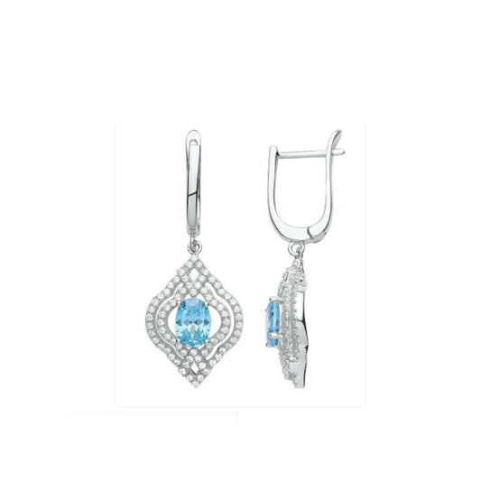 Blue Topaz Leverback Drop Earrings Sterling Silver Rhodium Plated 925 Hallmark