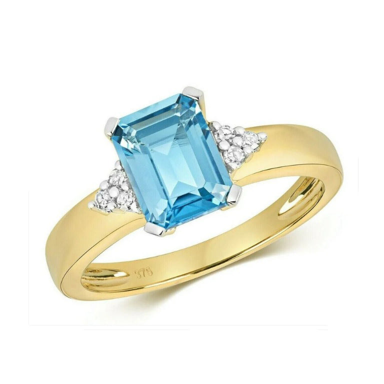 Real Blue Topaz and Diamond Ring Solid Yellow Gold Oblong Cut Solitaire Size J-Q