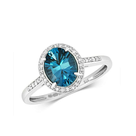 Real London Blue Topaz and Diamond Ring Solid White Gold Oval Gem Size JKLMNOPQ