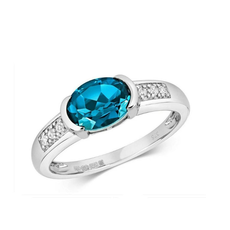 Real London Blue Topaz and Diamond Ring Solid White Gold 8 x 6mm Oval Solitaire