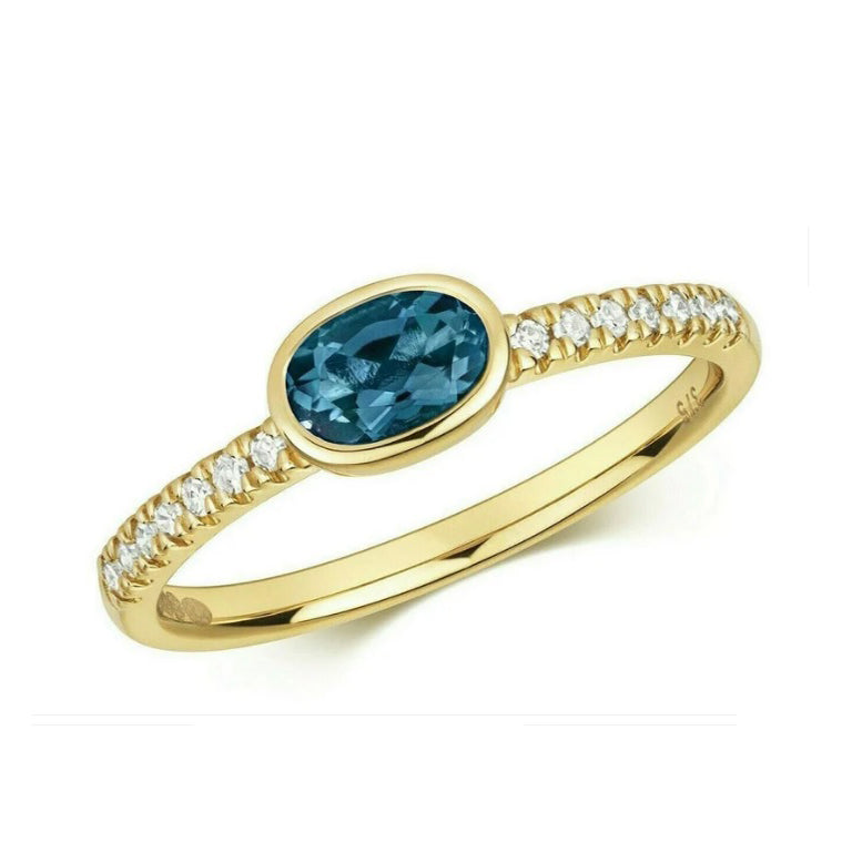 Real London Blue Topaz and Diamond Ring Solid Yellow Gold Oval Stone Size J-Q